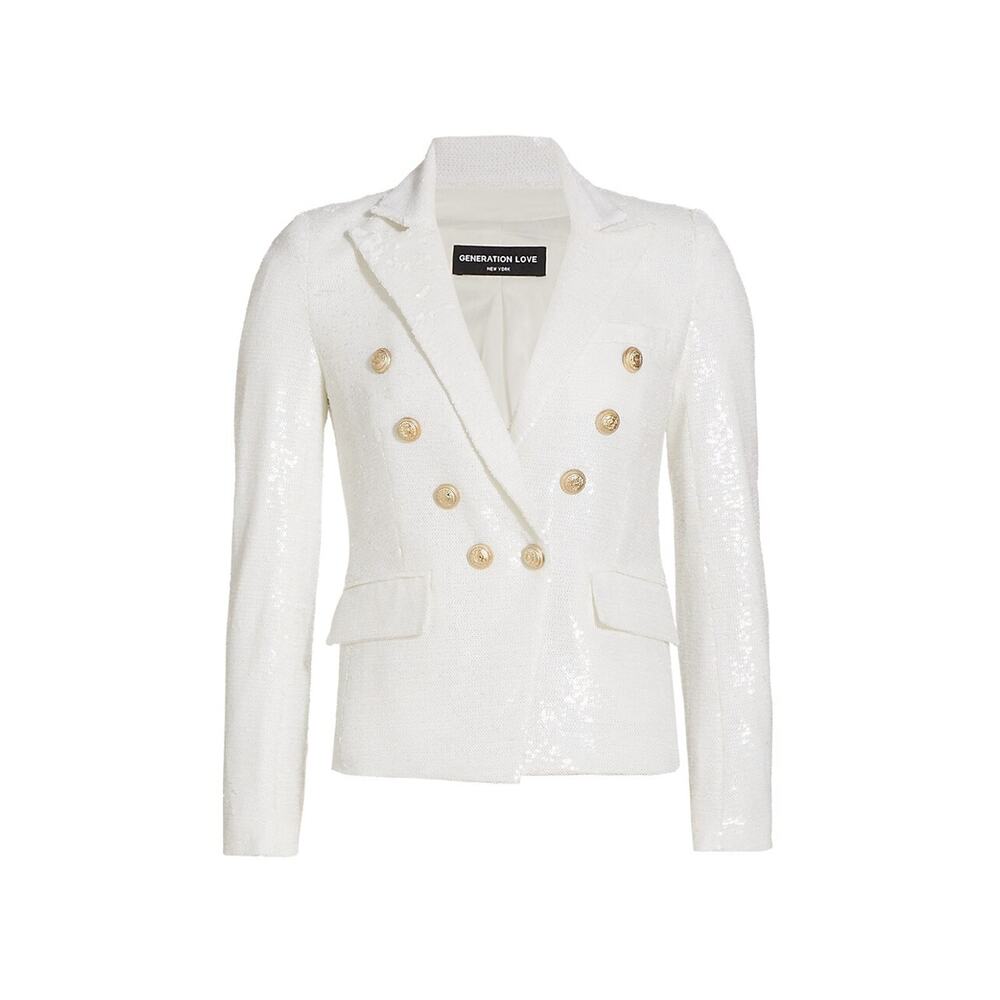 Generation Love White Sequin Double-Breasted Blazer with Gold Buttons